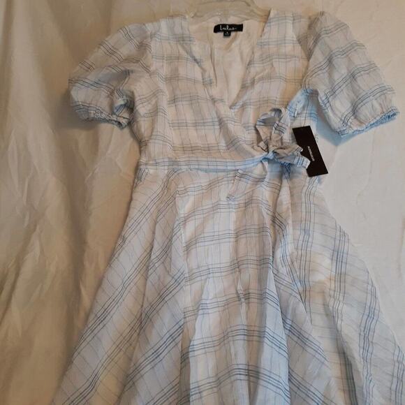 Lulus Dresses & Skirts - Lulus NWT Womens White Blue Plaid Faux Wrap Fit and Flare Mini Dress Siz…